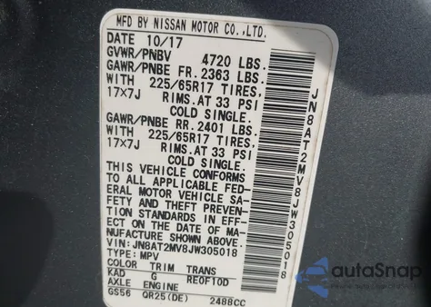 2018 Nissan Rogue Sv z USA, uszkodzony, nr VIN JN8AT2MV8JW305018